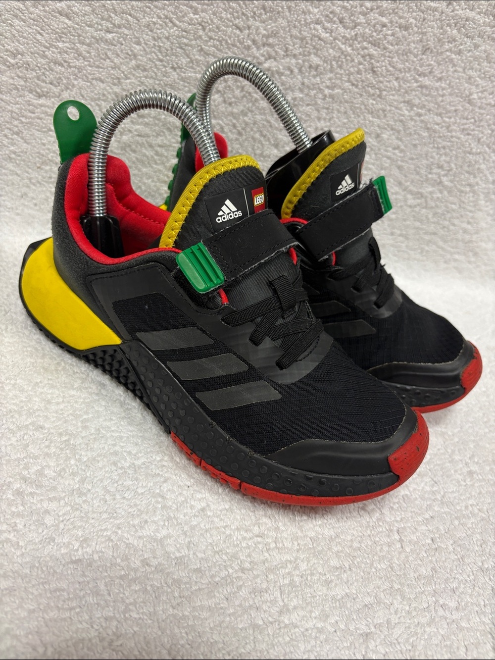 adidas Lego dna Kids Black Sneakers with Red, Yellow Green Accents no tie size 2